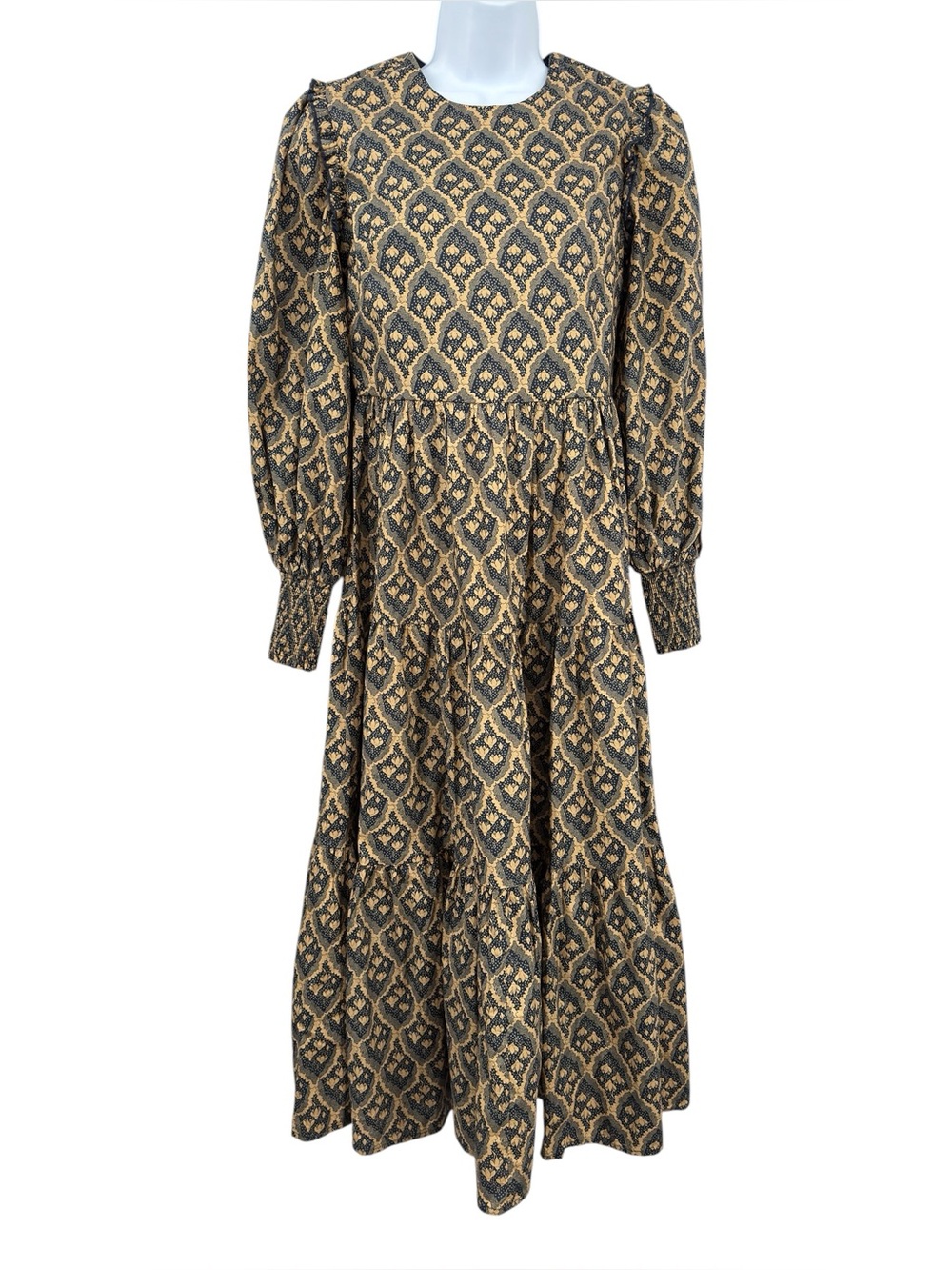 Hyacinth House Anja Floral 100% Cotton Tiered Puff-Sleeve Midi Dress S Navy/Tan